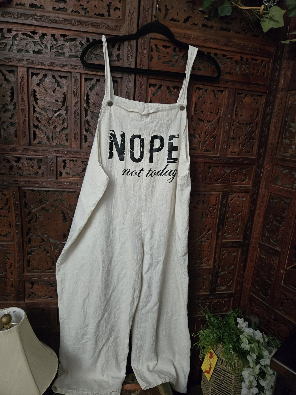 Source Unknown Cream Overalls with 'NOPE not today' Print